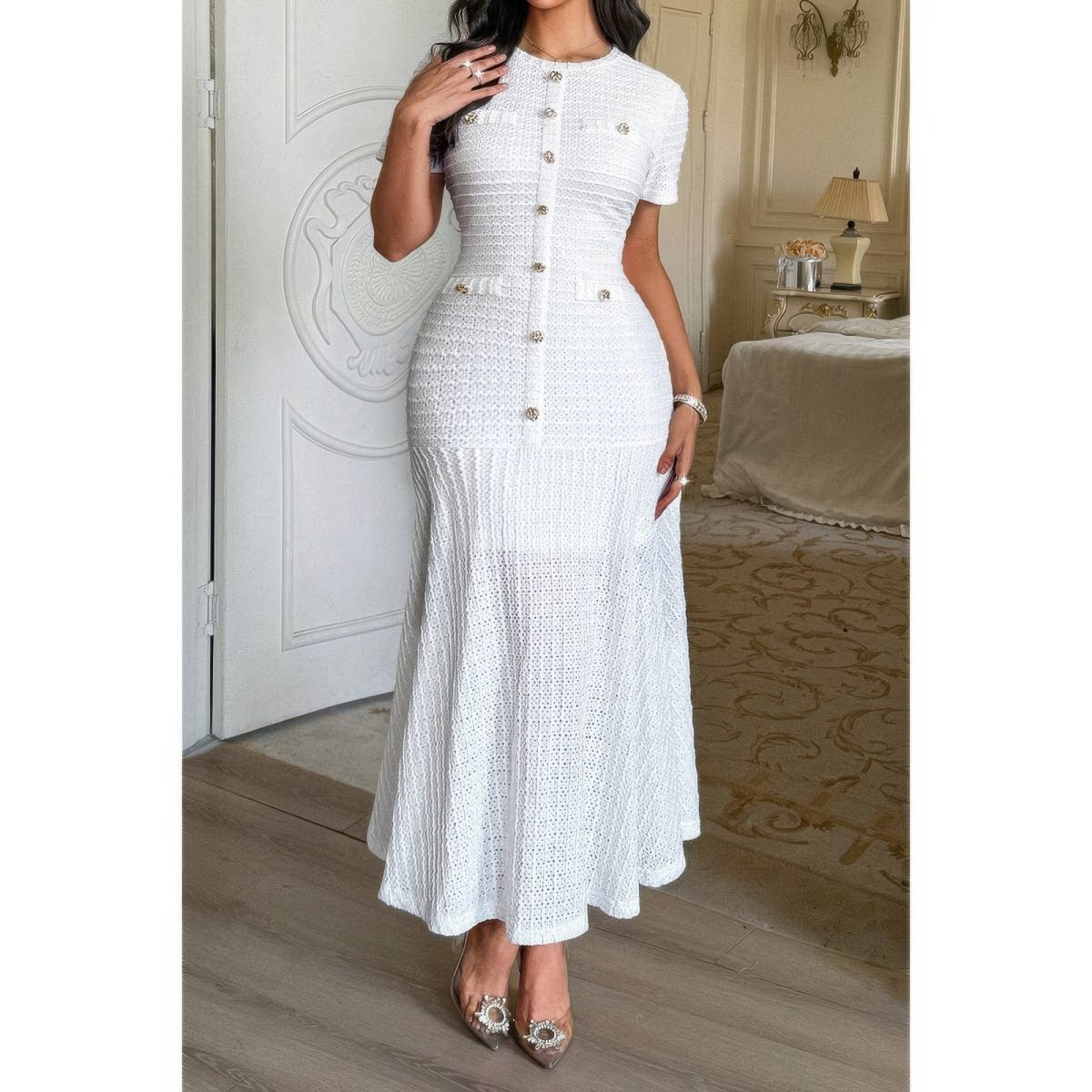 Women's elegant navy sheath dress round neck button accents polished professional fit