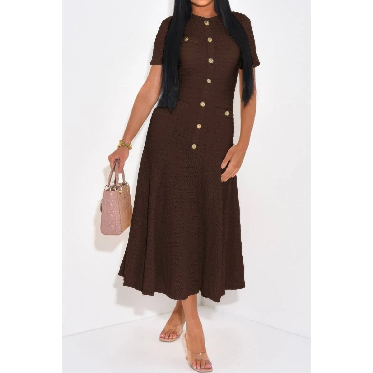 Women's elegant black sheath dress round neck button-front polished slim fit professional style