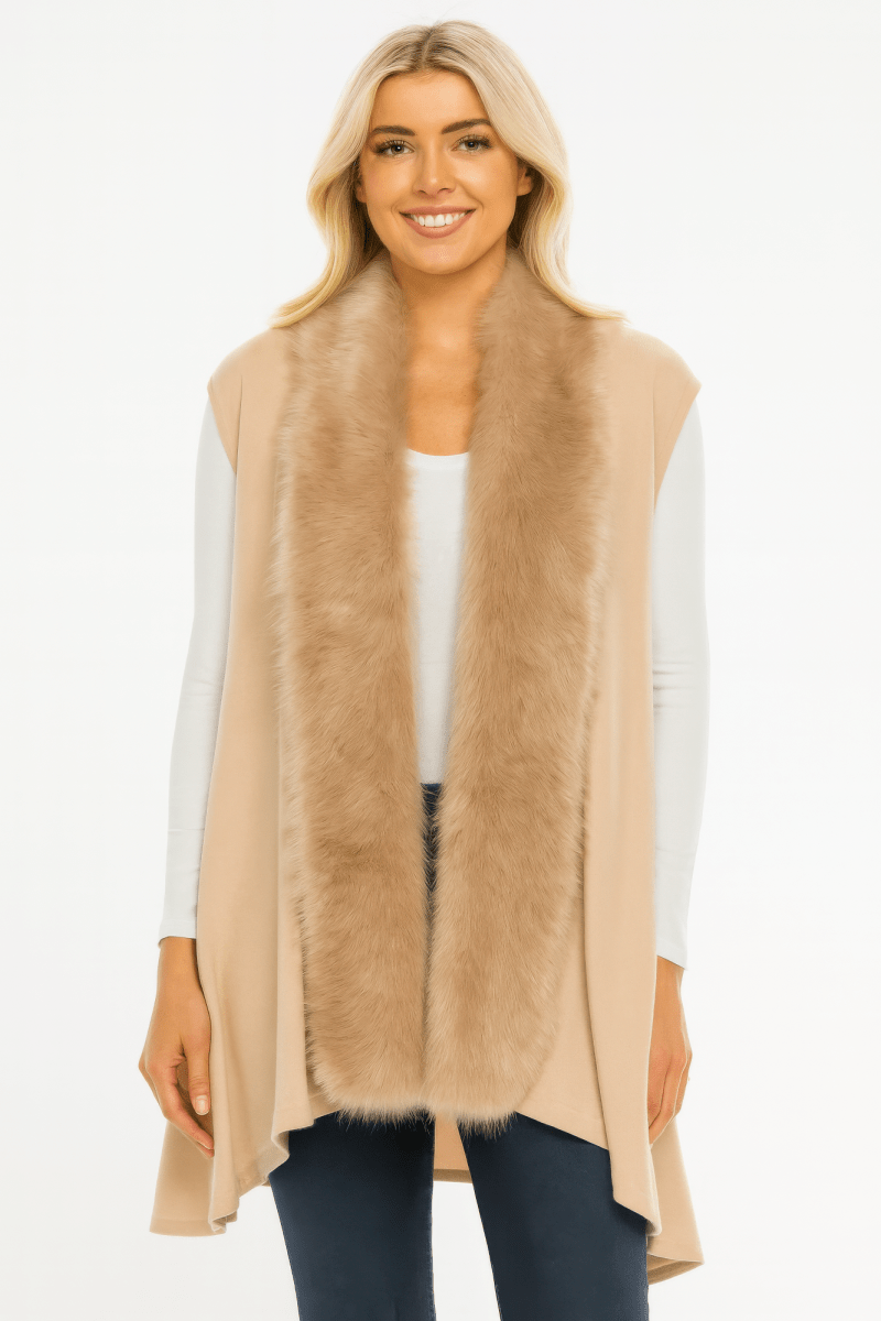 Women’s Faux Fur Collar Draped Vest Sleeveless Layering Piece - Urbann-Vibe
