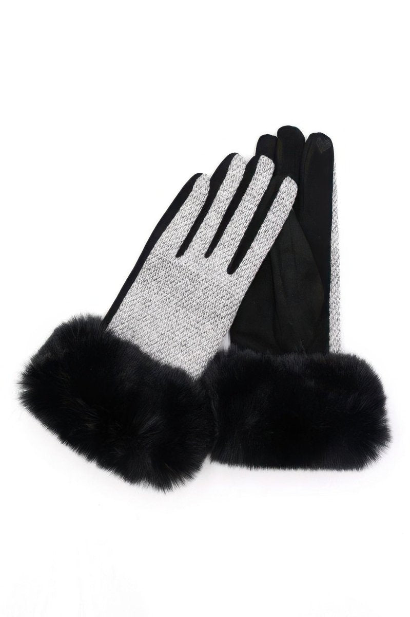 Women's two-tone knit touchscreen gloves with plush faux fur cuffs, warm cozy winter accessory