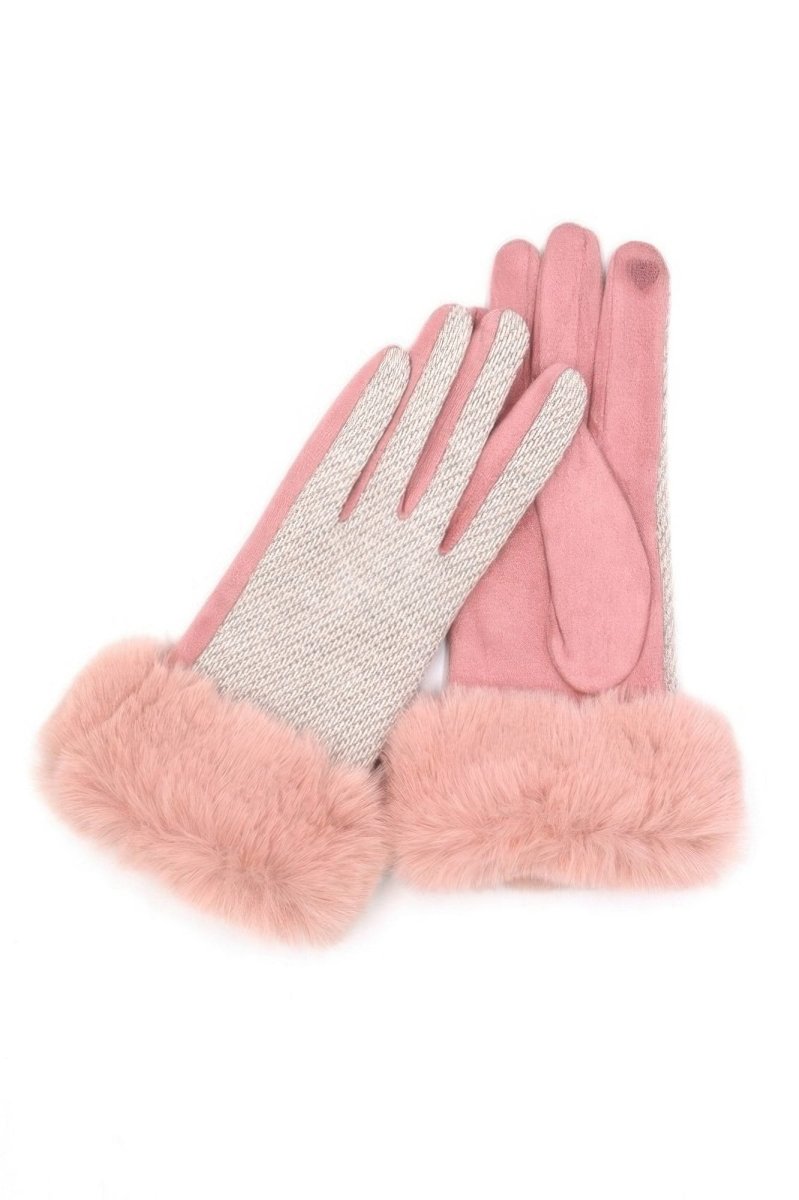 Women's two-tone knit touchscreen gloves with plush faux fur cuffs, warm cozy winter accessory
