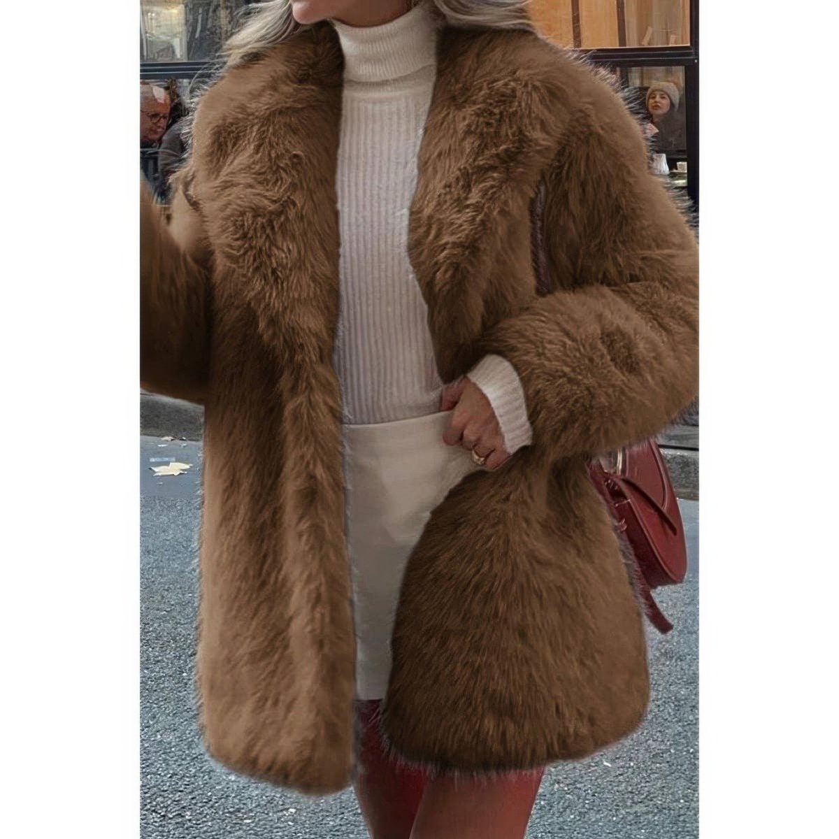 Women's ivory faux fur open-front lapel coat, cozy fleece winter outerwear with plush texture