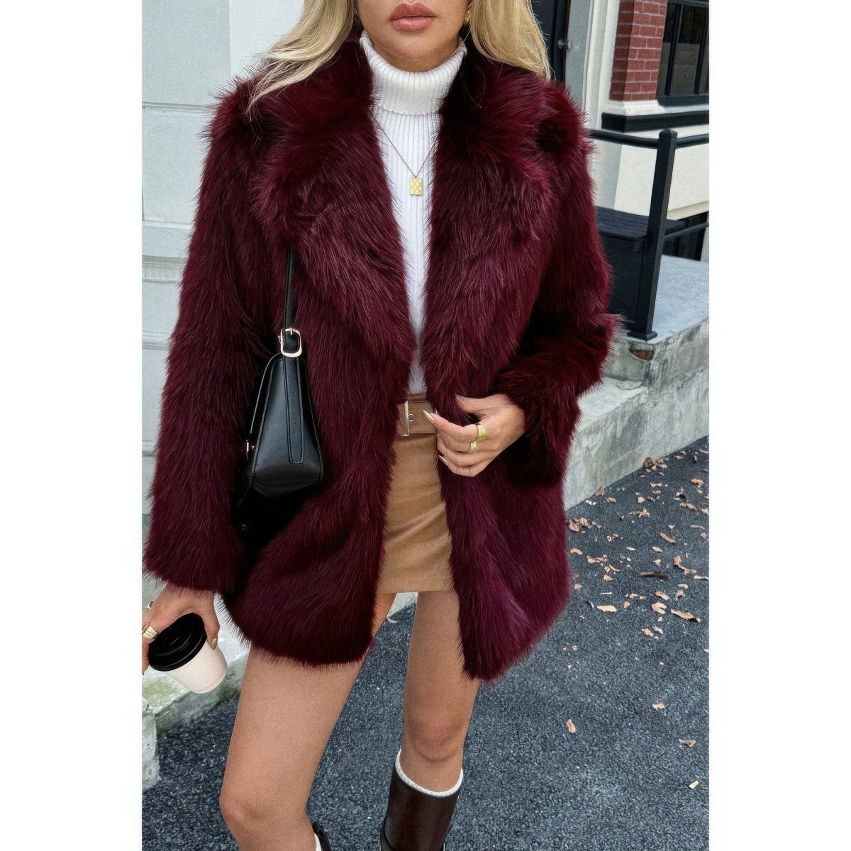 Women's ivory faux fur open-front lapel coat, cozy fleece winter outerwear with plush texture