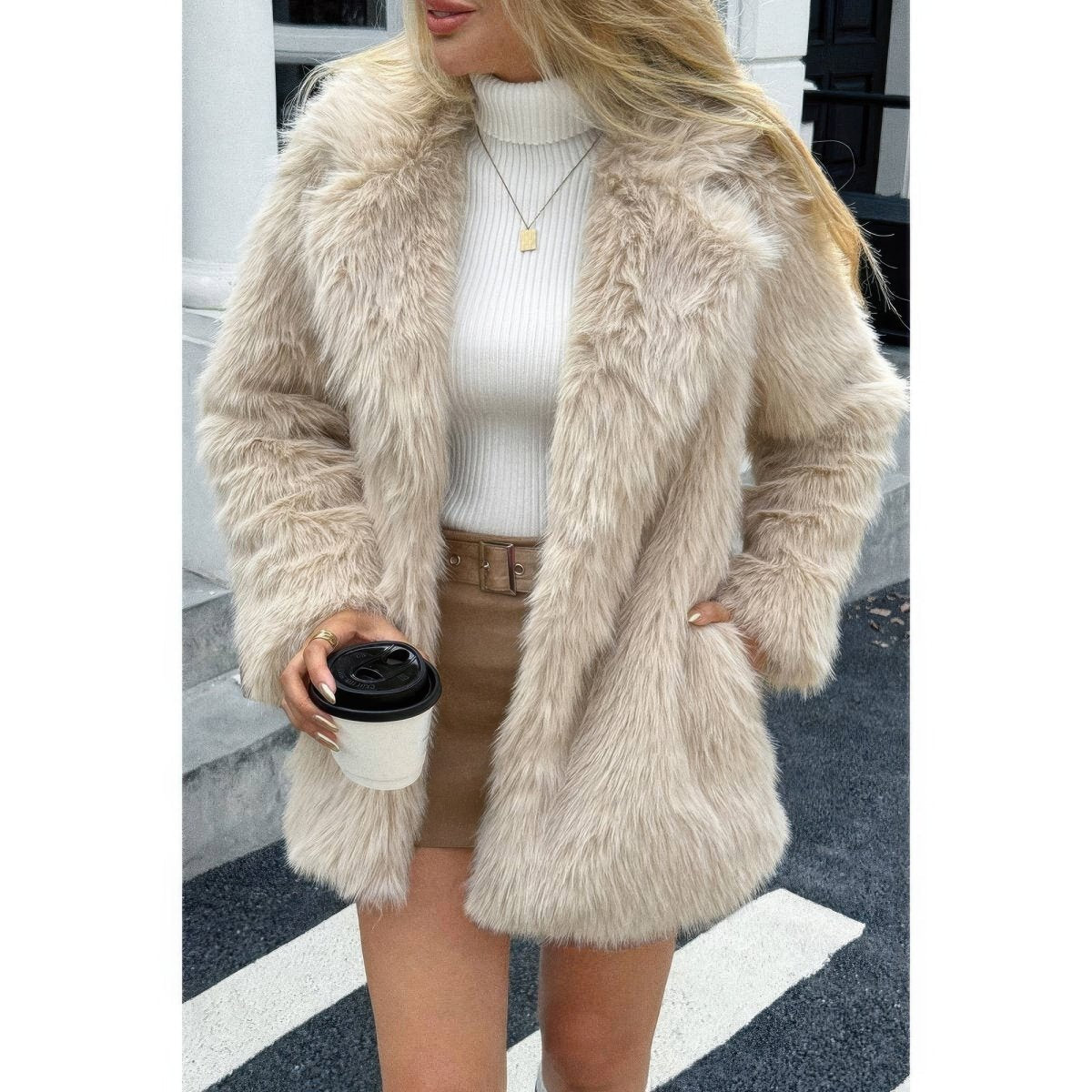 Women's cream faux fur open-front lapel coat, cozy fleece winter outerwear with plush texture