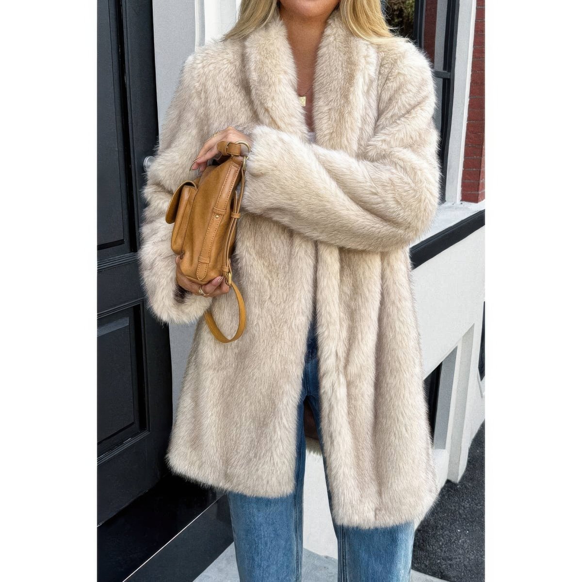 Women's faux fur longline coat shaggy fluffy plush winter outerwear with glamorous textured finish