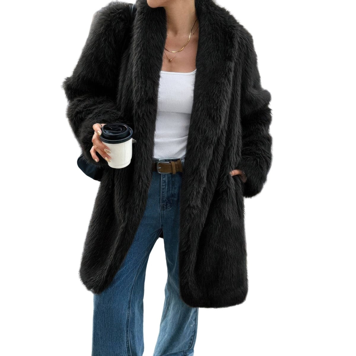 Women's faux fur longline coat shaggy fluffy plush winter outerwear with glamorous textured finish