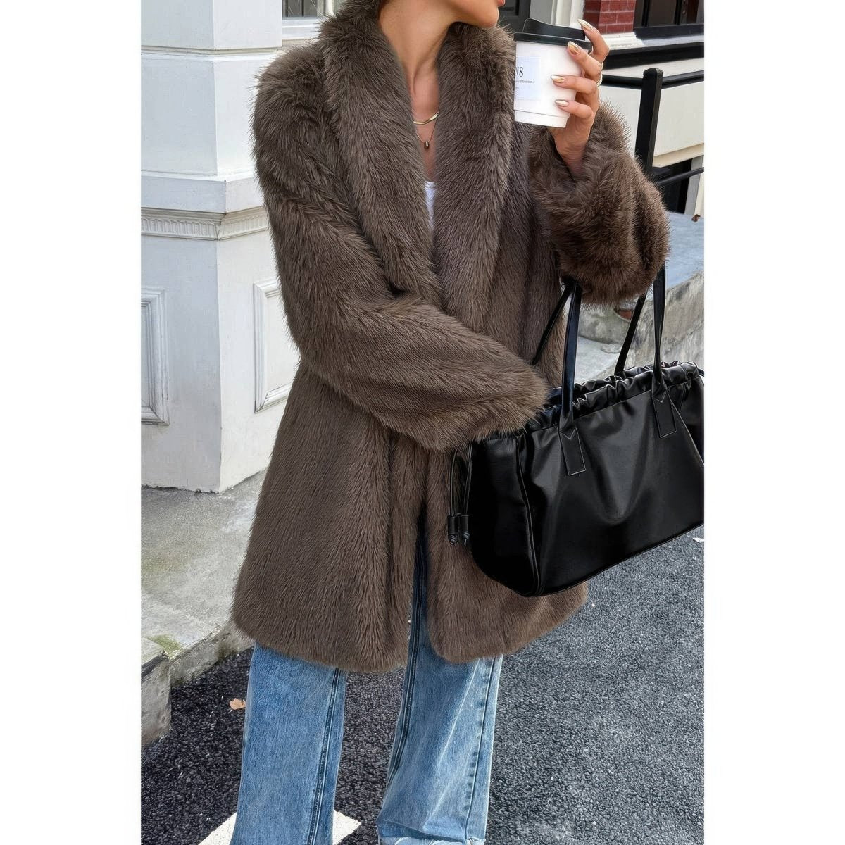 Women's faux fur longline coat shaggy fluffy plush winter outerwear with satin lining