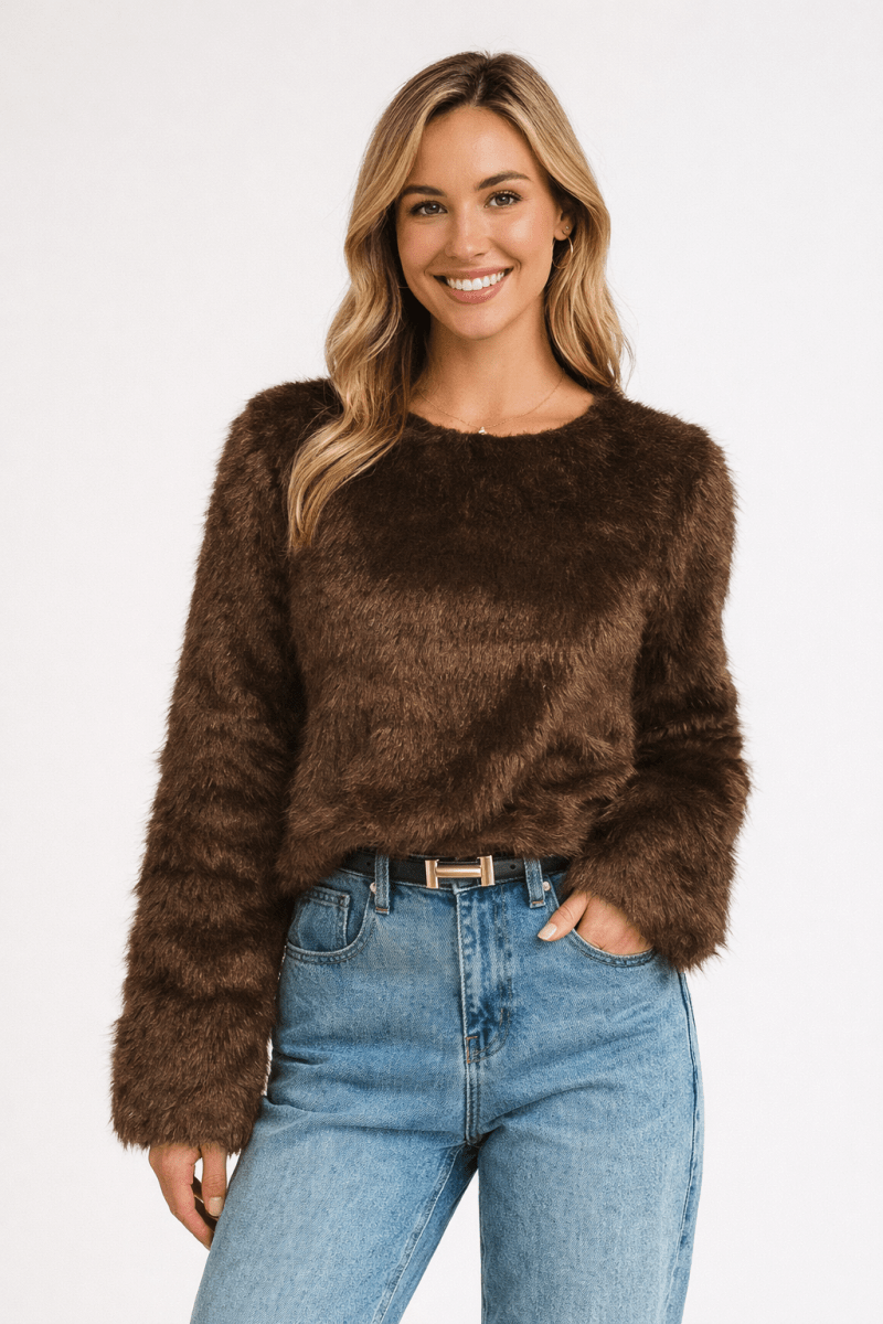 Women's ivory faux fur quarter-zip pullover coat with plush finish and modern cocoon silhouette