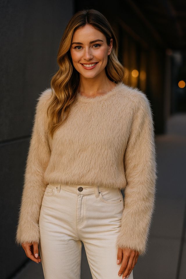 Women's ivory faux fur quarter-zip pullover coat with plush finish and modern cocoon silhouette