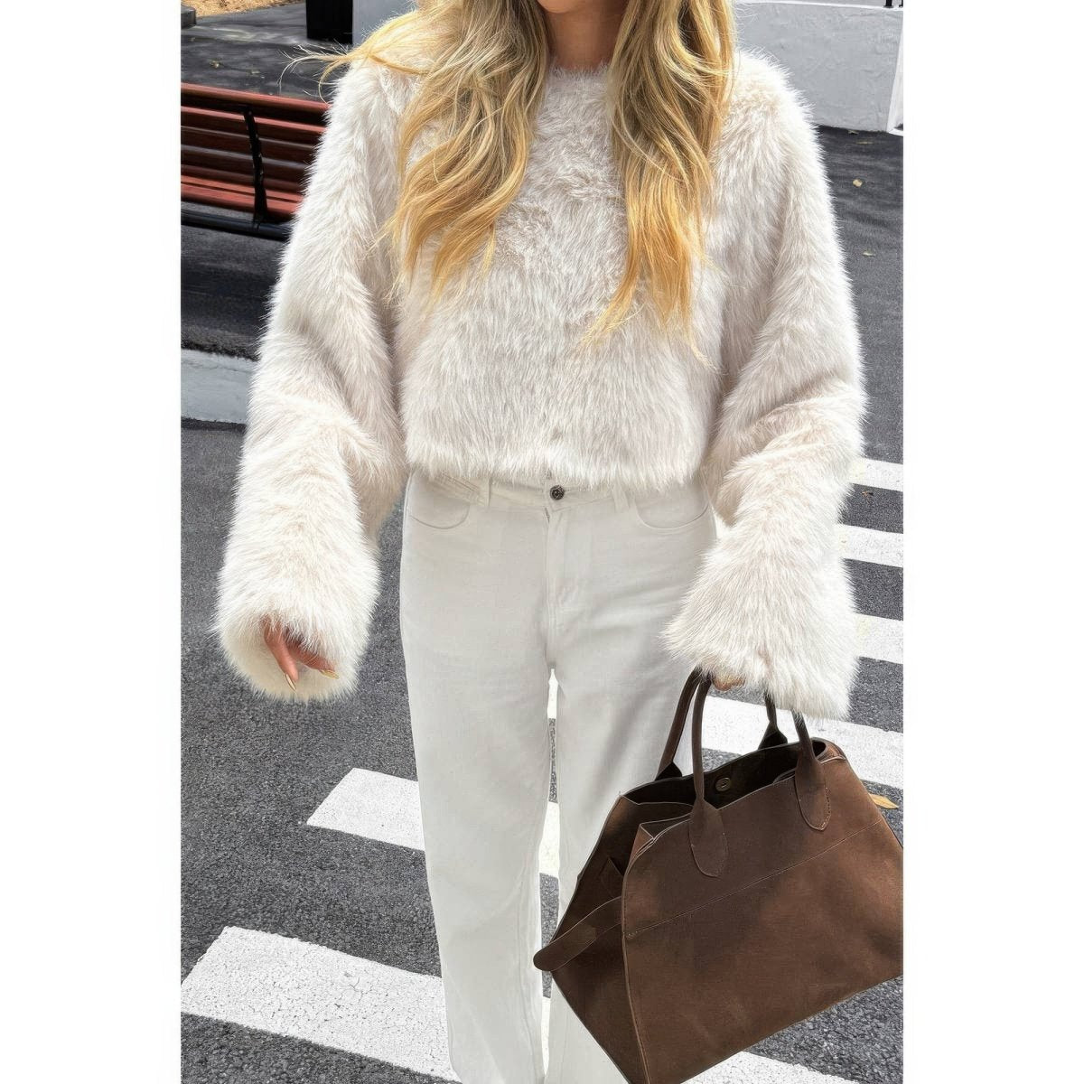 Women's ivory faux fur quarter-zip pullover coat with plush finish and modern cocoon silhouette