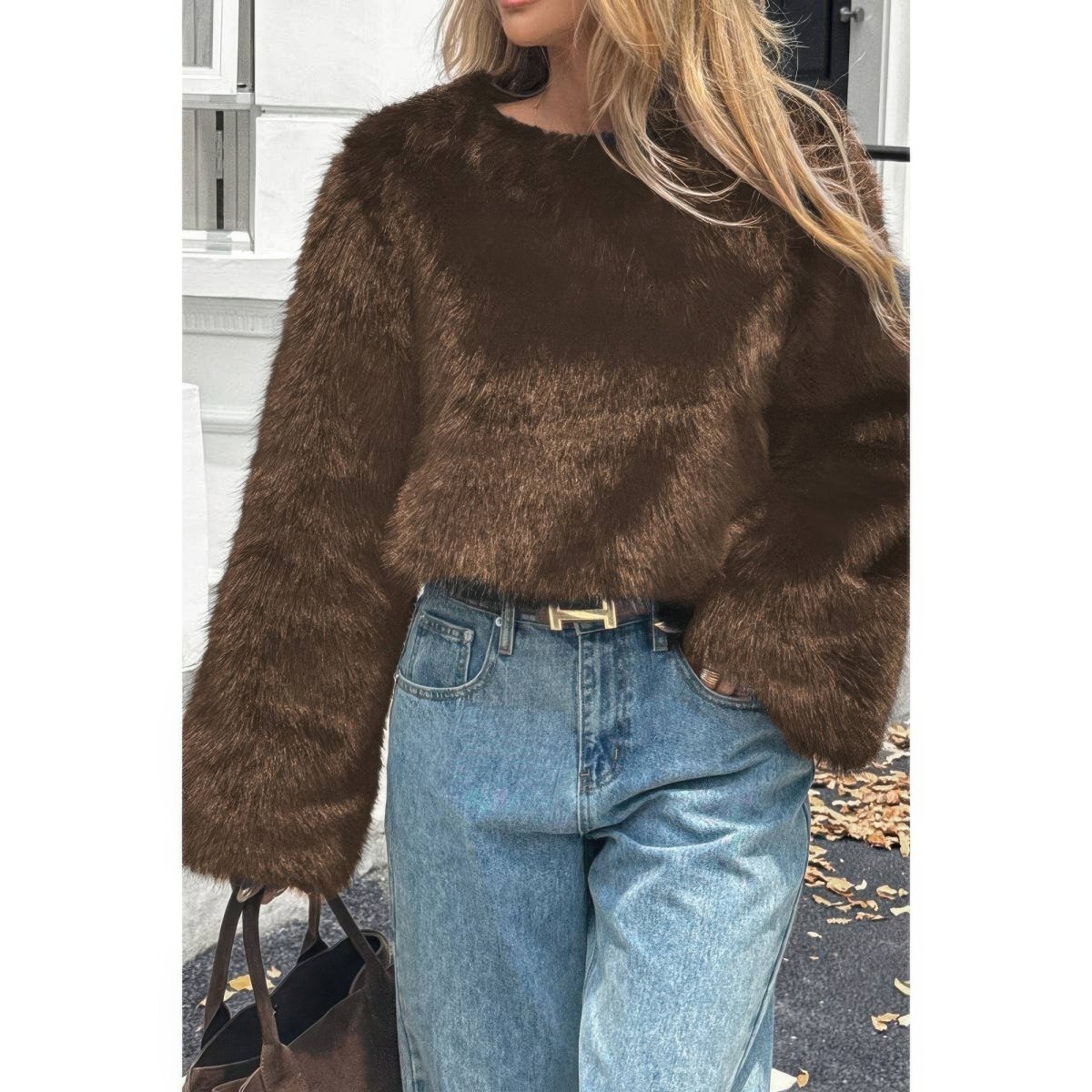 Women's ivory faux fur quarter-zip pullover coat with plush finish and modern cocoon silhouette