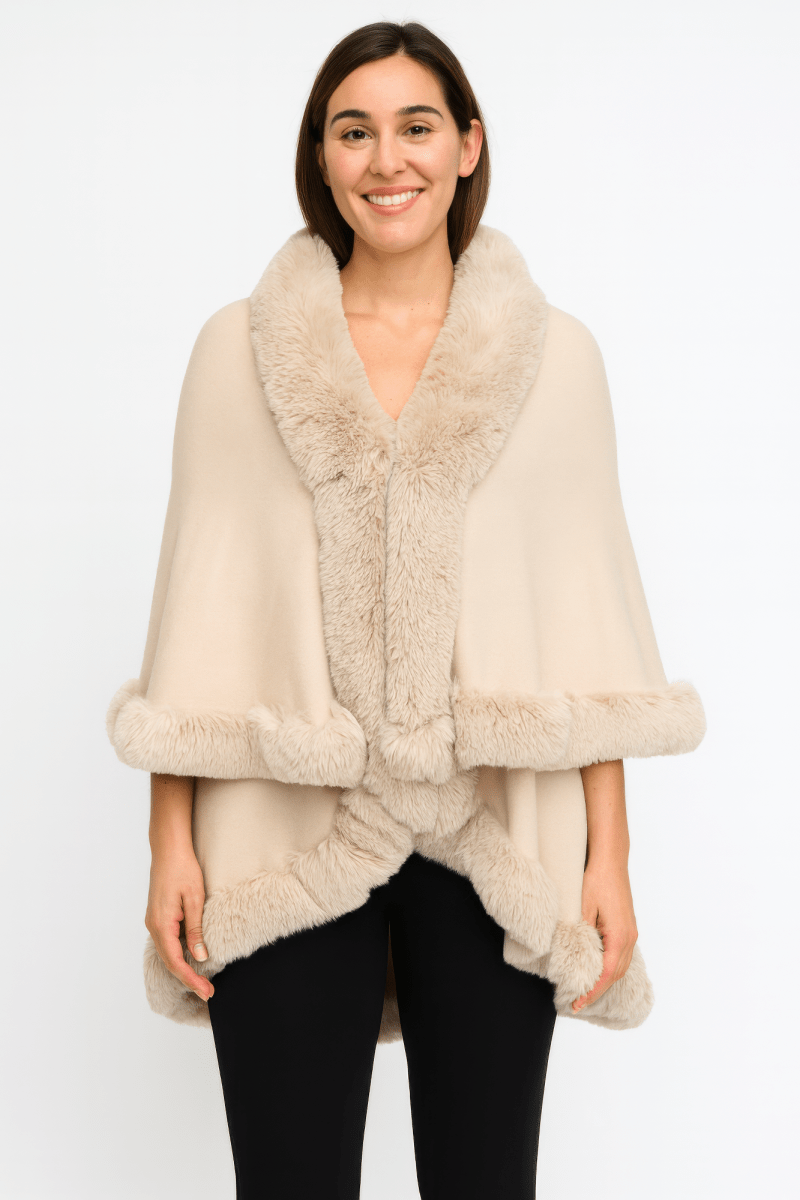 Women black faux fur trim cape coat with hook closure, structured silhouette and luxe neckline detail