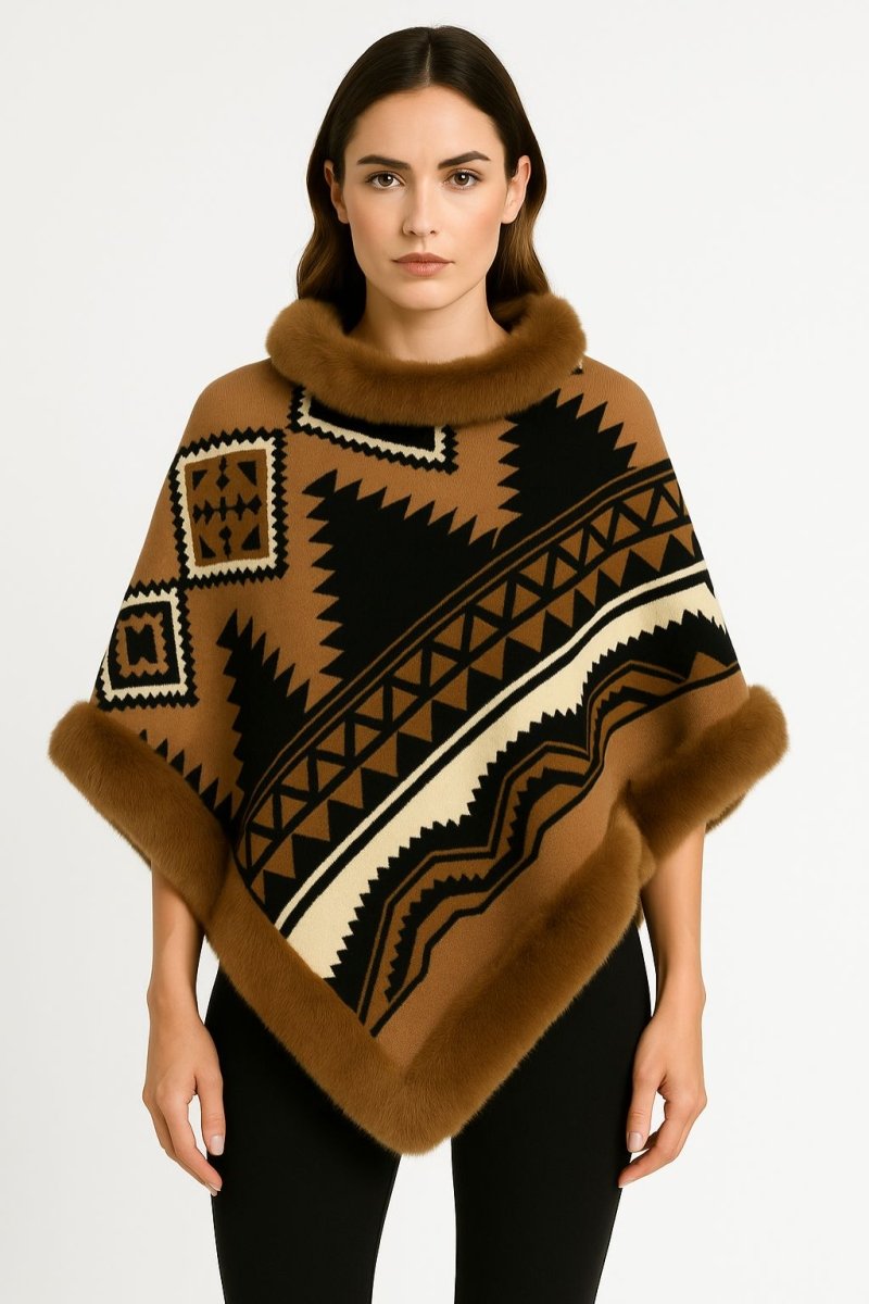 Women's boho tribal knit hooded poncho cape with faux fur trim hood and hemline for cold weather