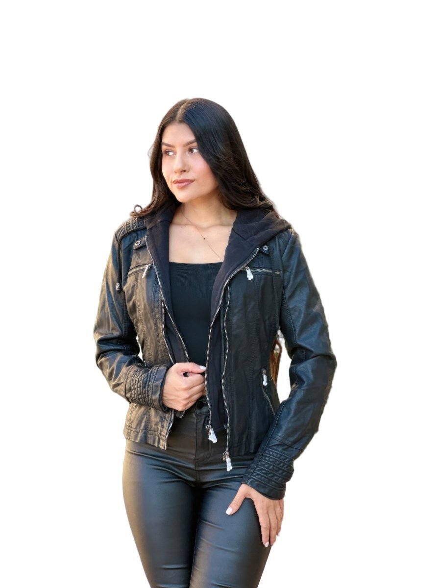 Women's black faux leather hooded jacket lightweight zip front edgy urban street style
