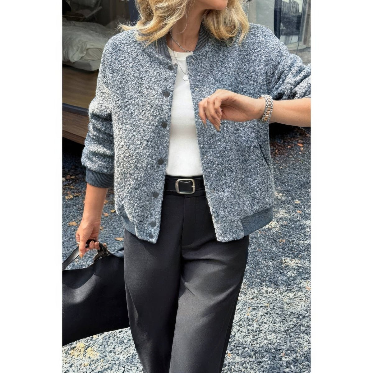 Women's faux sherpa teddy bomber jacket cozy plush texture casual everyday warmth