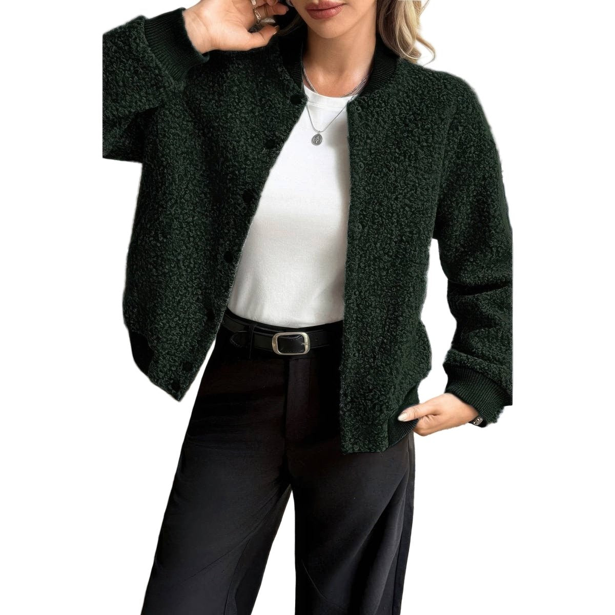 Women's faux sherpa teddy bomber jacket cozy plush texture casual everyday warmth