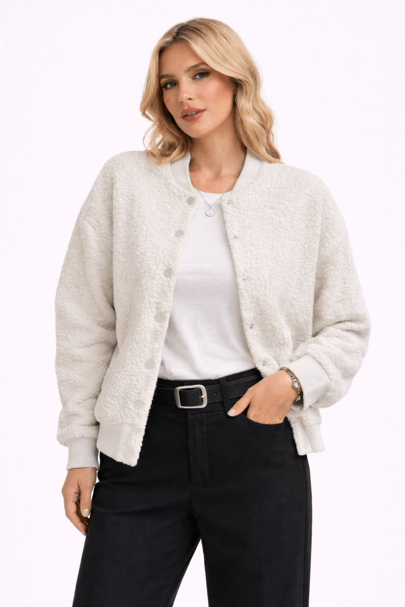 Women's faux sherpa teddy bomber jacket cozy plush texture casual everyday warmth
