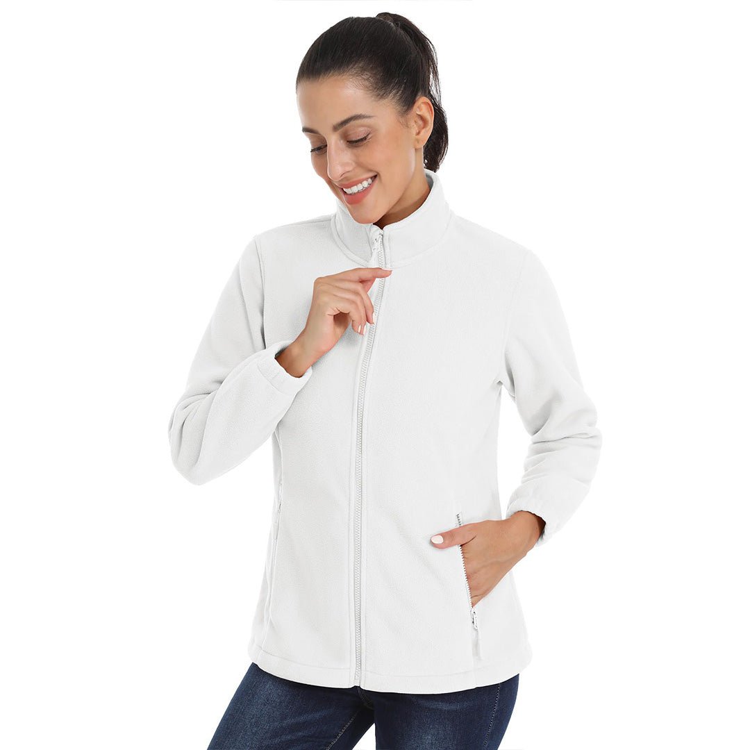 Women's lightweight full-zip fleece jacket with stand-up collar, packable warmth for outdoor adventures