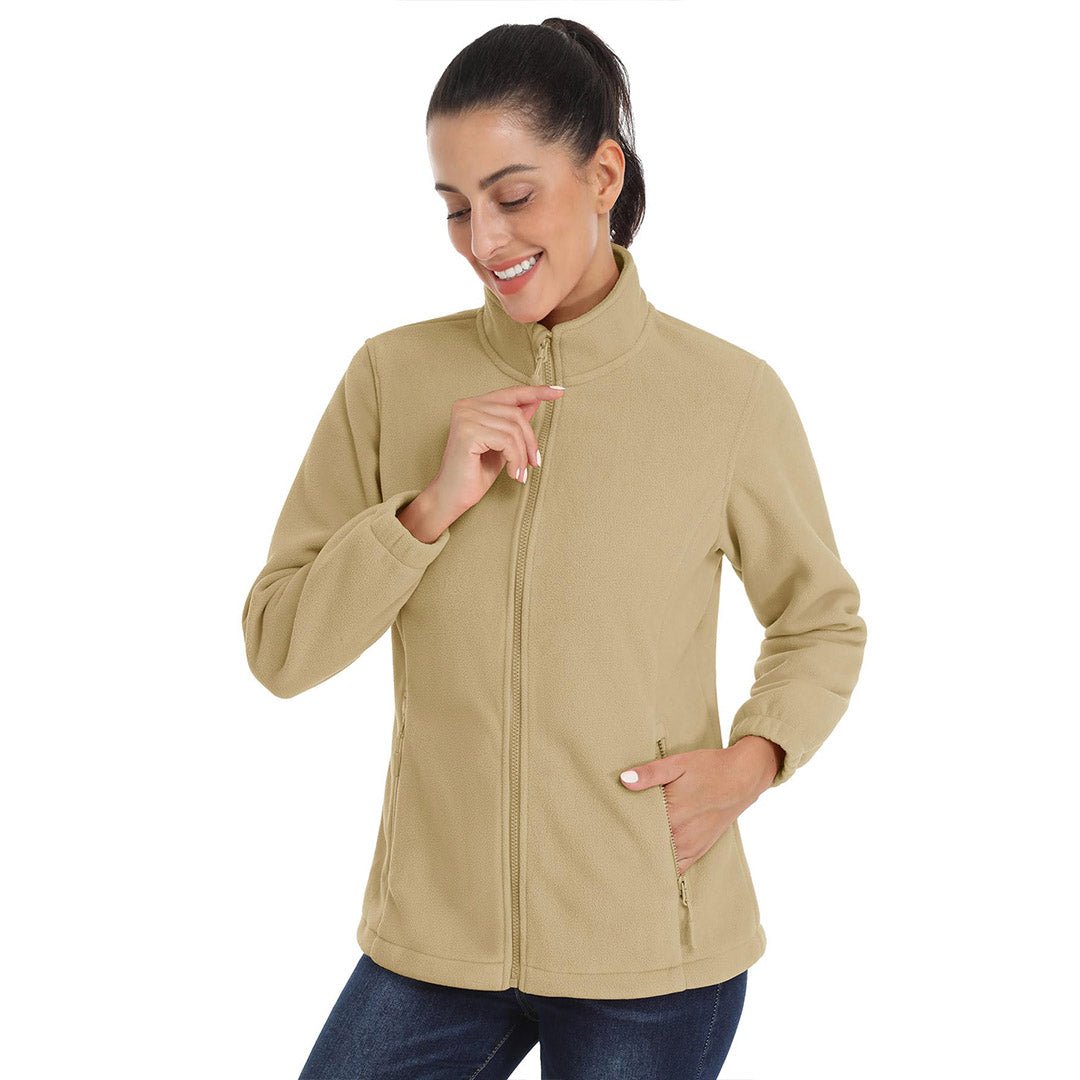 Women's lightweight full-zip fleece jacket with stand-up collar, packable warmth for outdoor adventures