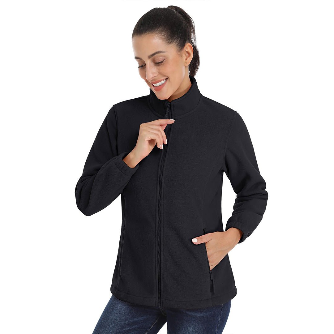 Women's lightweight full-zip fleece jacket, stand-up collar, packable outdoor warm layer