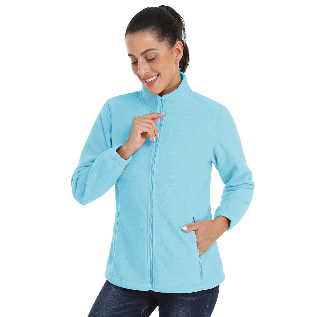 Women's lightweight full-zip fleece jacket with stand-up collar, packable warm layer for outdoor use