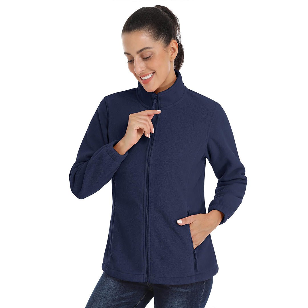 Women's lightweight full-zip fleece jacket with stand-up collar, packable warmth for outdoor adventures