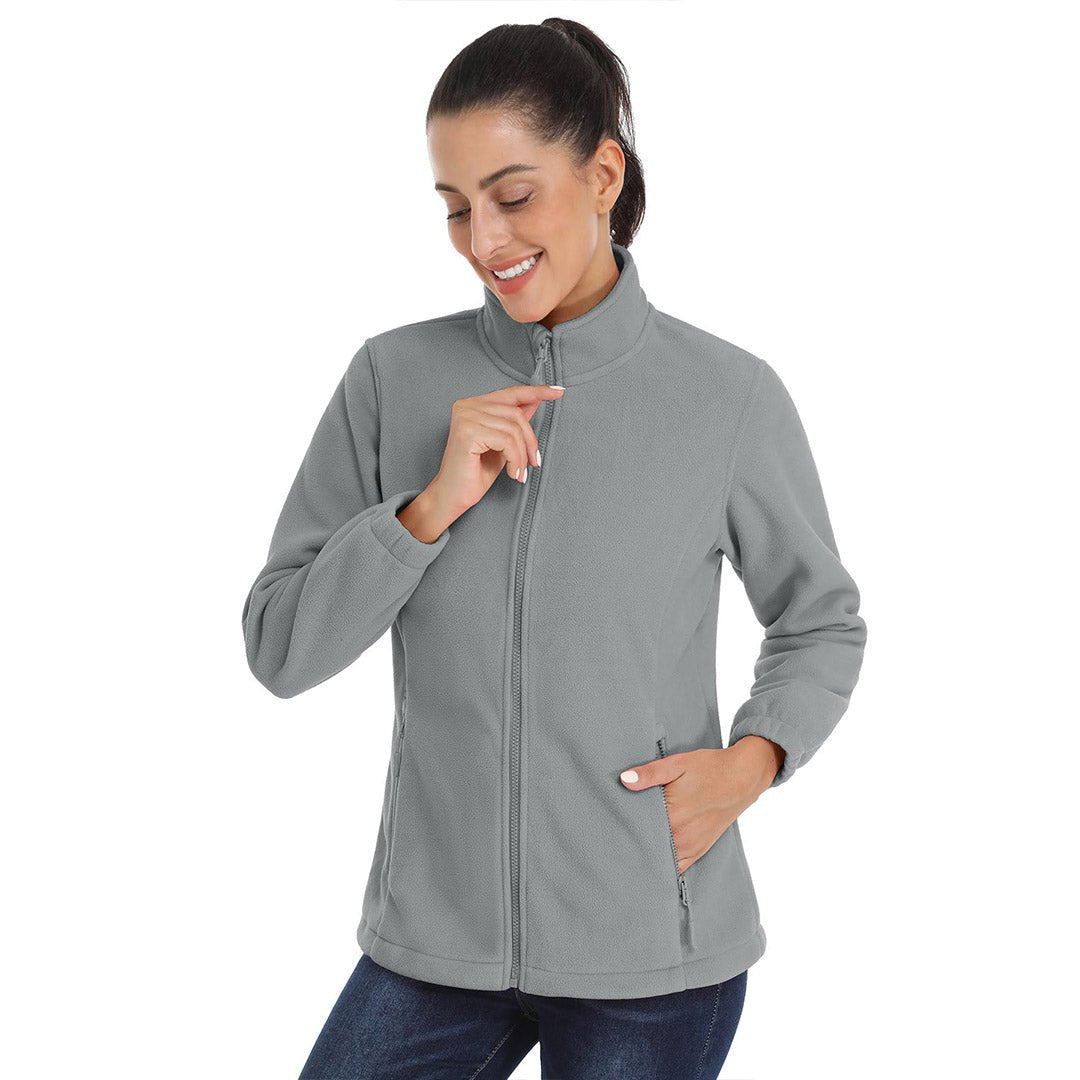Women's lightweight full-zip fleece jacket with stand-up collar, packable design for outdoor adventures