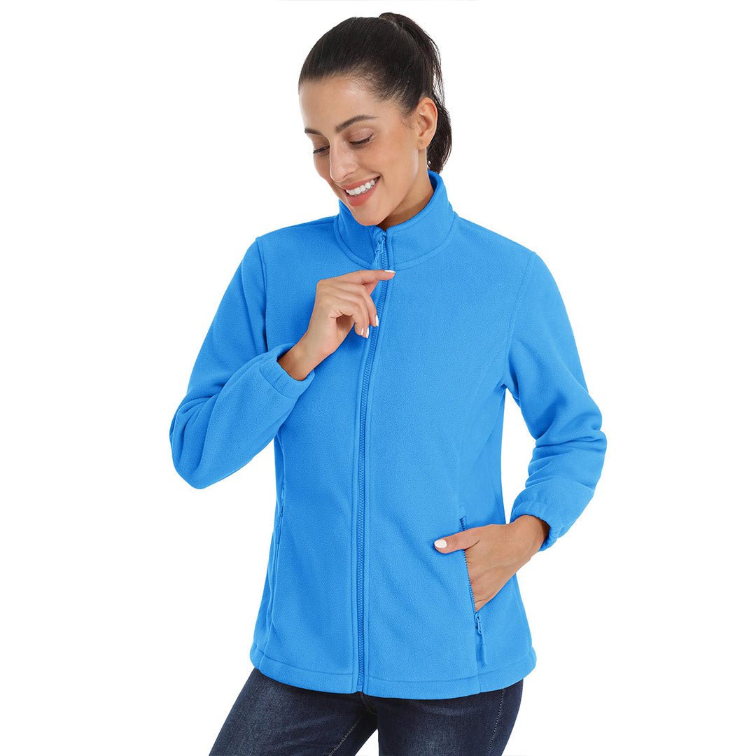 Women's lightweight full-zip fleece jacket, packable outdoor warm layer with stand-up collar