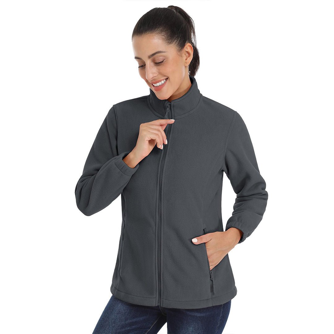 Women's lightweight full-zip fleece jacket with stand-up collar, packable design for outdoor adventures