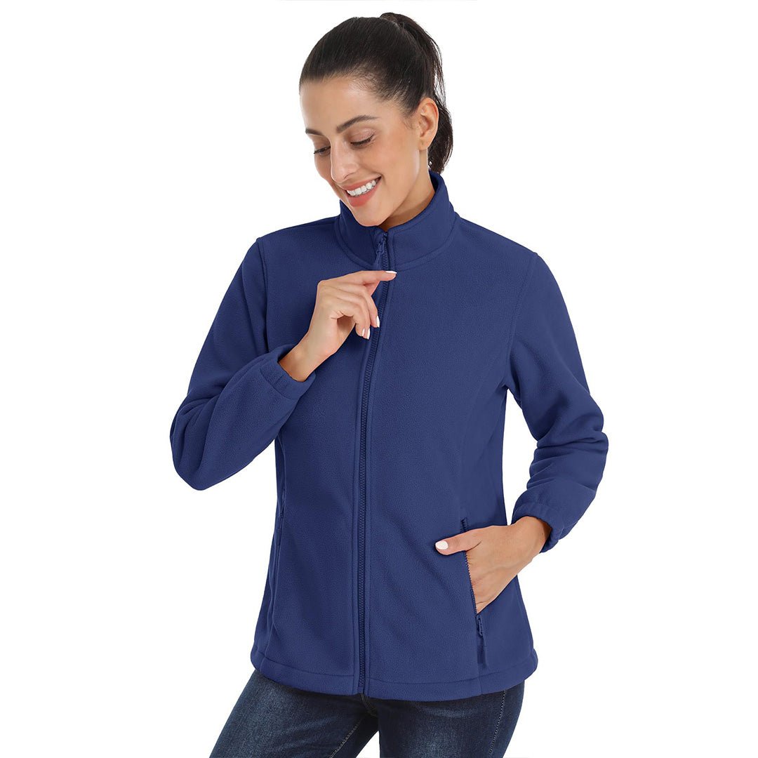 Women's lightweight full-zip fleece jacket with stand-up collar, packable warm layer for outdoor use