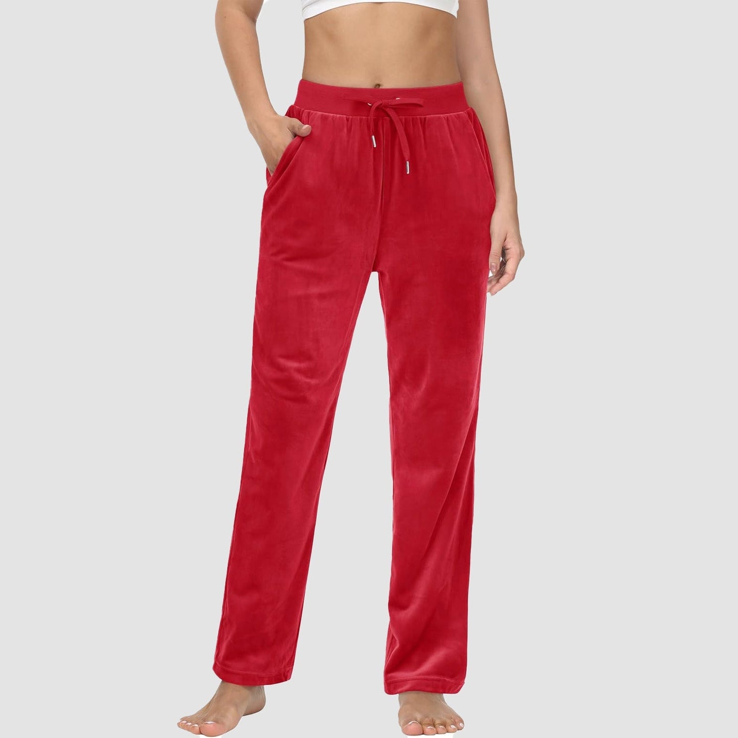 Women's fleece jogger pants with velvet lining, elastic waist, pockets, relaxed fit for lounge and yoga