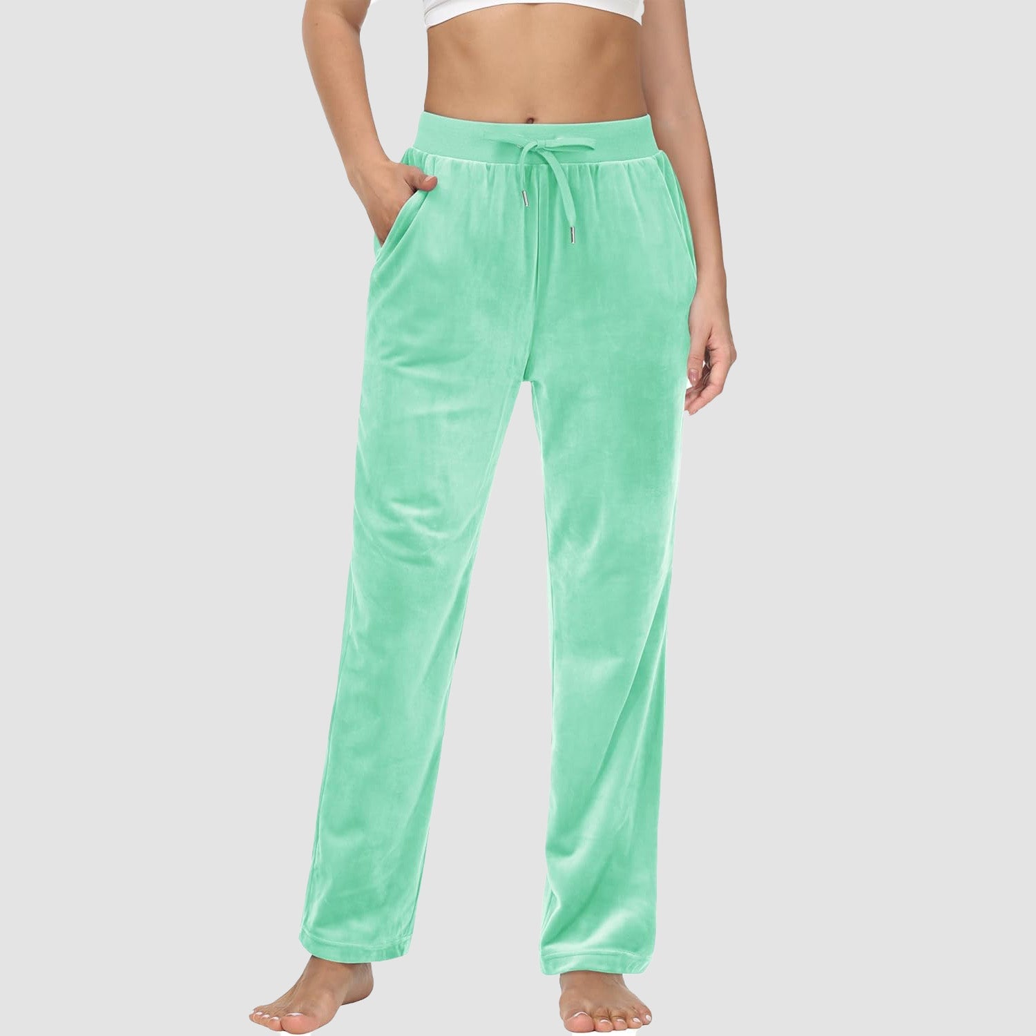 Women's fleece jogger pants with velvet lining, elastic waist, pockets, cozy lounge yoga style