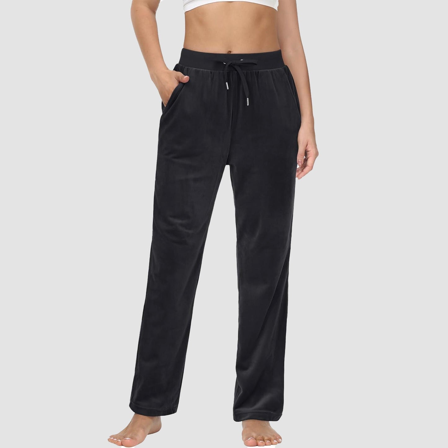 Women's fleece jogger pants with velvet lining, elastic waist, pockets, relaxed fit for lounge and yoga