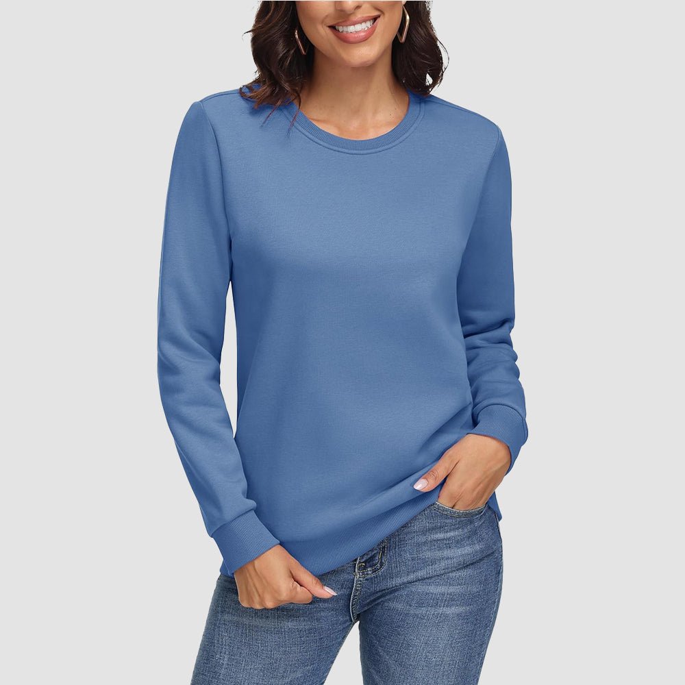 Women's cozy fleece crewneck sweatshirt long sleeve with ribbed cuffs for warmth and comfort