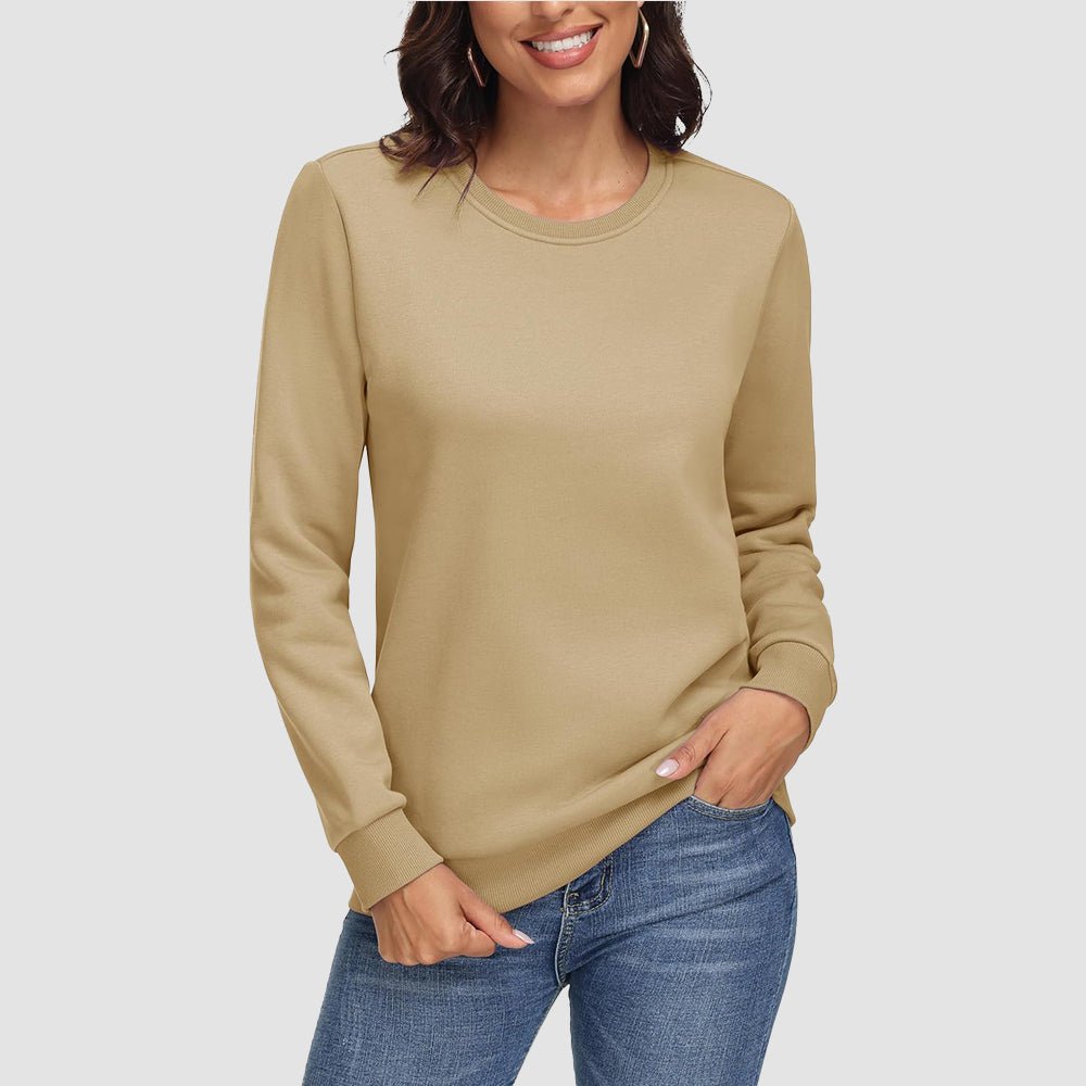 Women's cozy fleece crewneck sweatshirt long sleeve with ribbed cuffs for warmth and comfort