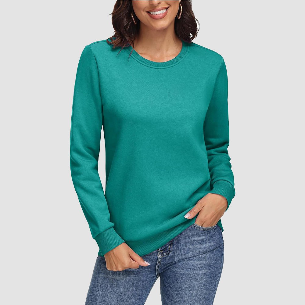 Women's cozy fleece crewneck sweatshirt long sleeve with ribbed cuffs for warmth and comfort