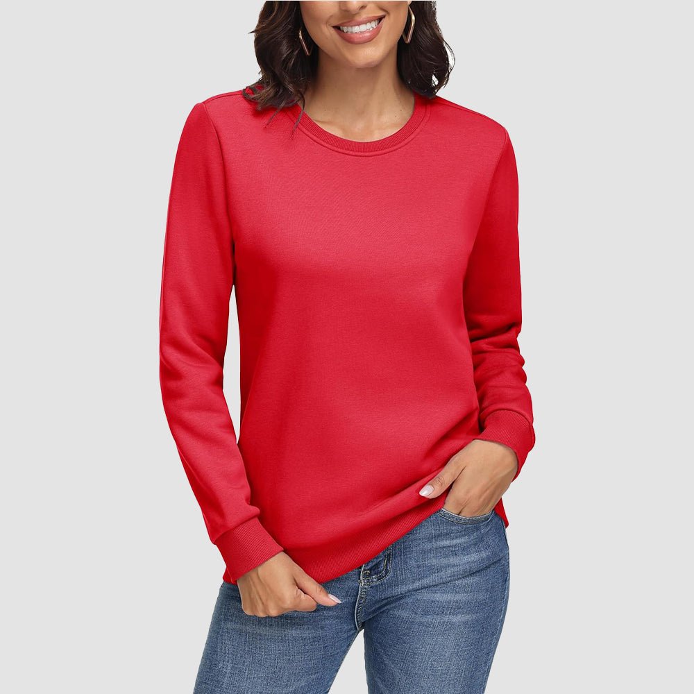 Women's cozy fleece crewneck sweatshirt long sleeve with ribbed cuffs for warmth and comfort
