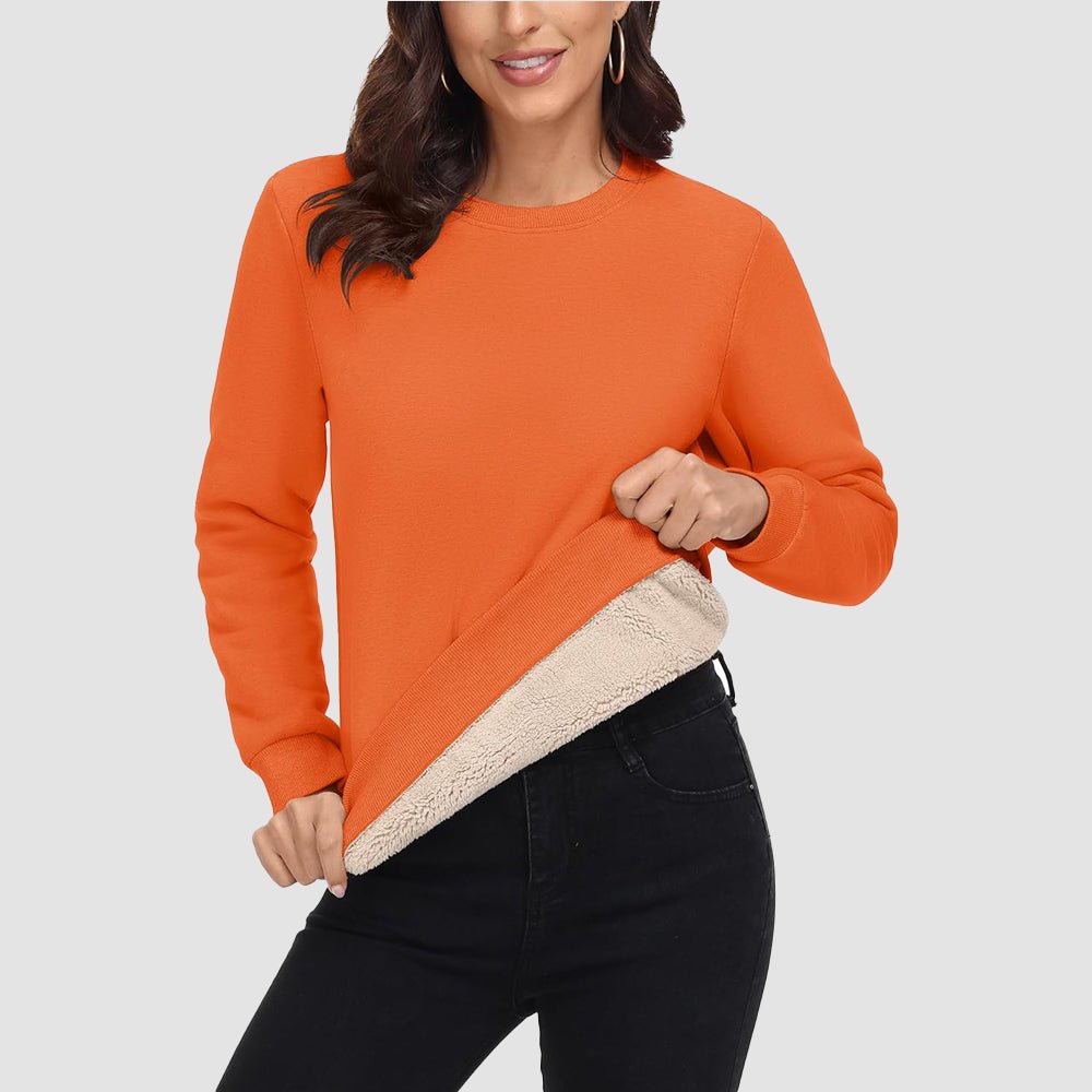 Women's fleece crewneck sweatshirt with sherpa lining, soft cotton blend, lightweight warmth for all-day wear