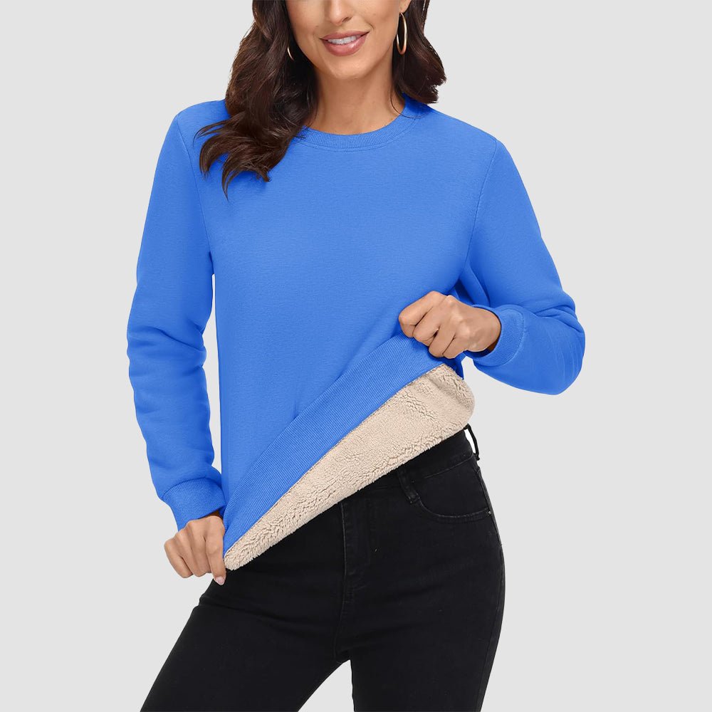 Women's fleece crewneck sweatshirt with sherpa lining, soft cotton blend, cozy winter warmth style