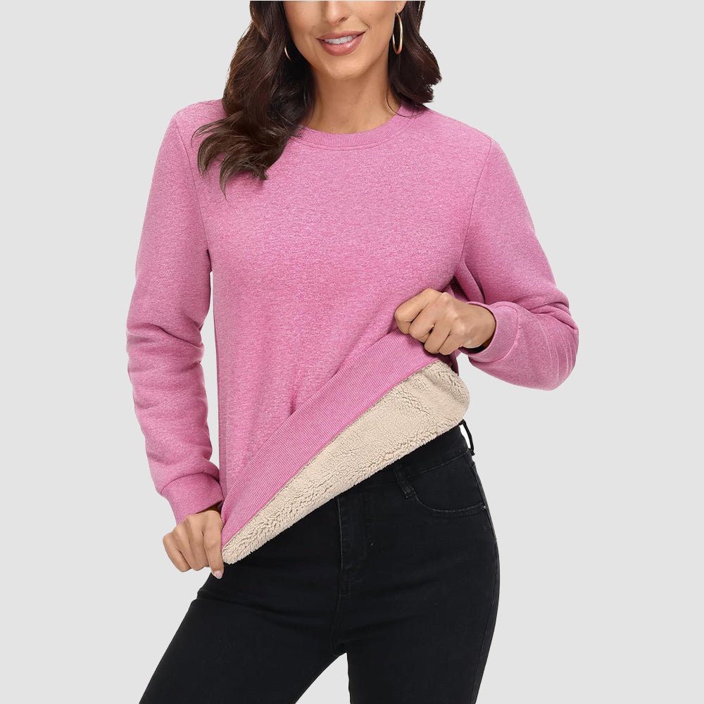 Women's fleece crewneck sweatshirt with sherpa lining, soft cotton blend, warm and cozy for winter