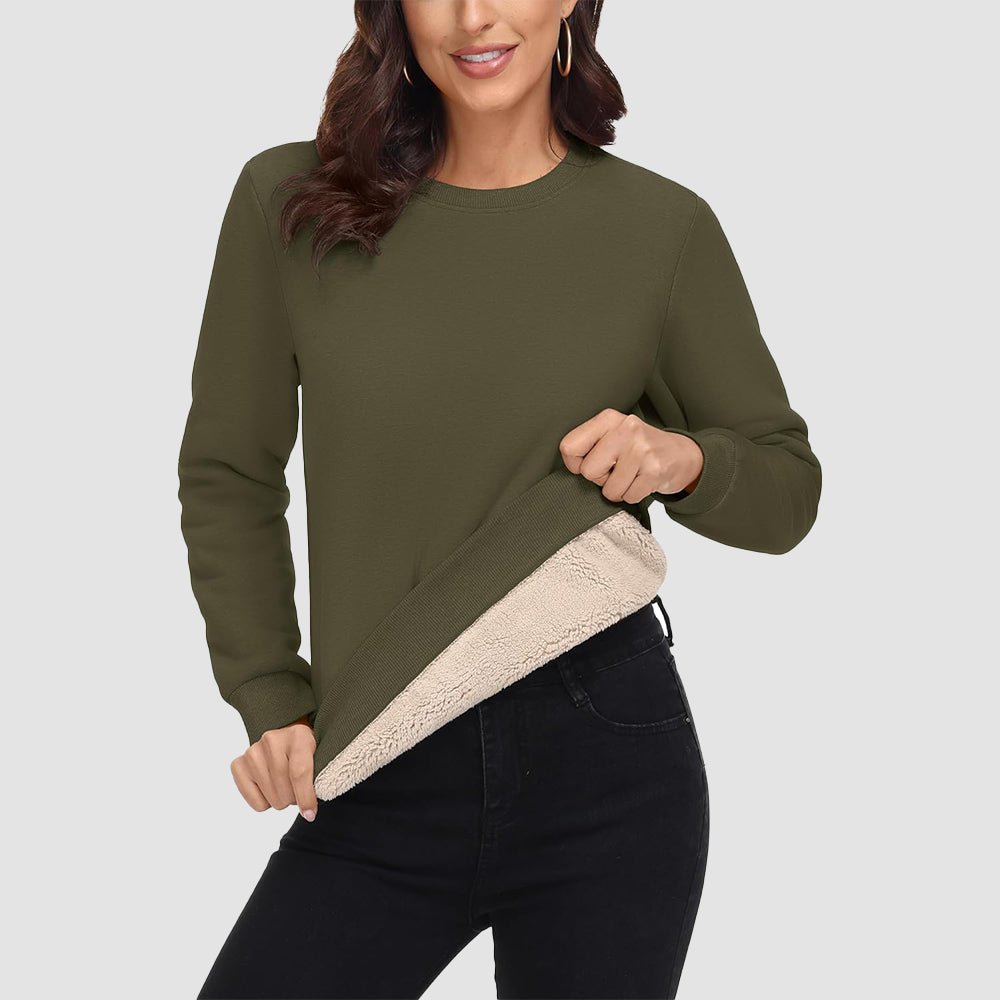Women's fleece crewneck sweatshirt with sherpa lining, soft cotton blend, lightweight warmth for all-day wear