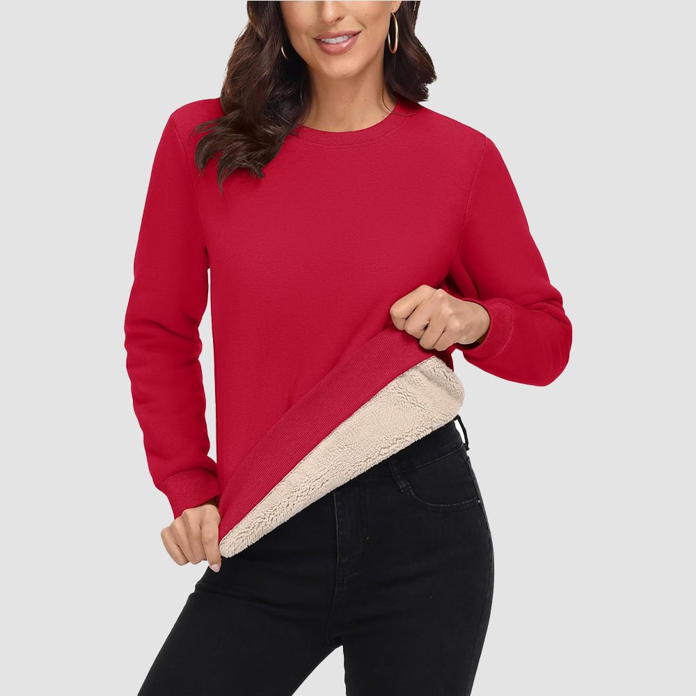 Women's fleece crewneck sweatshirt with sherpa lining, soft cotton blend, ideal for winter warmth