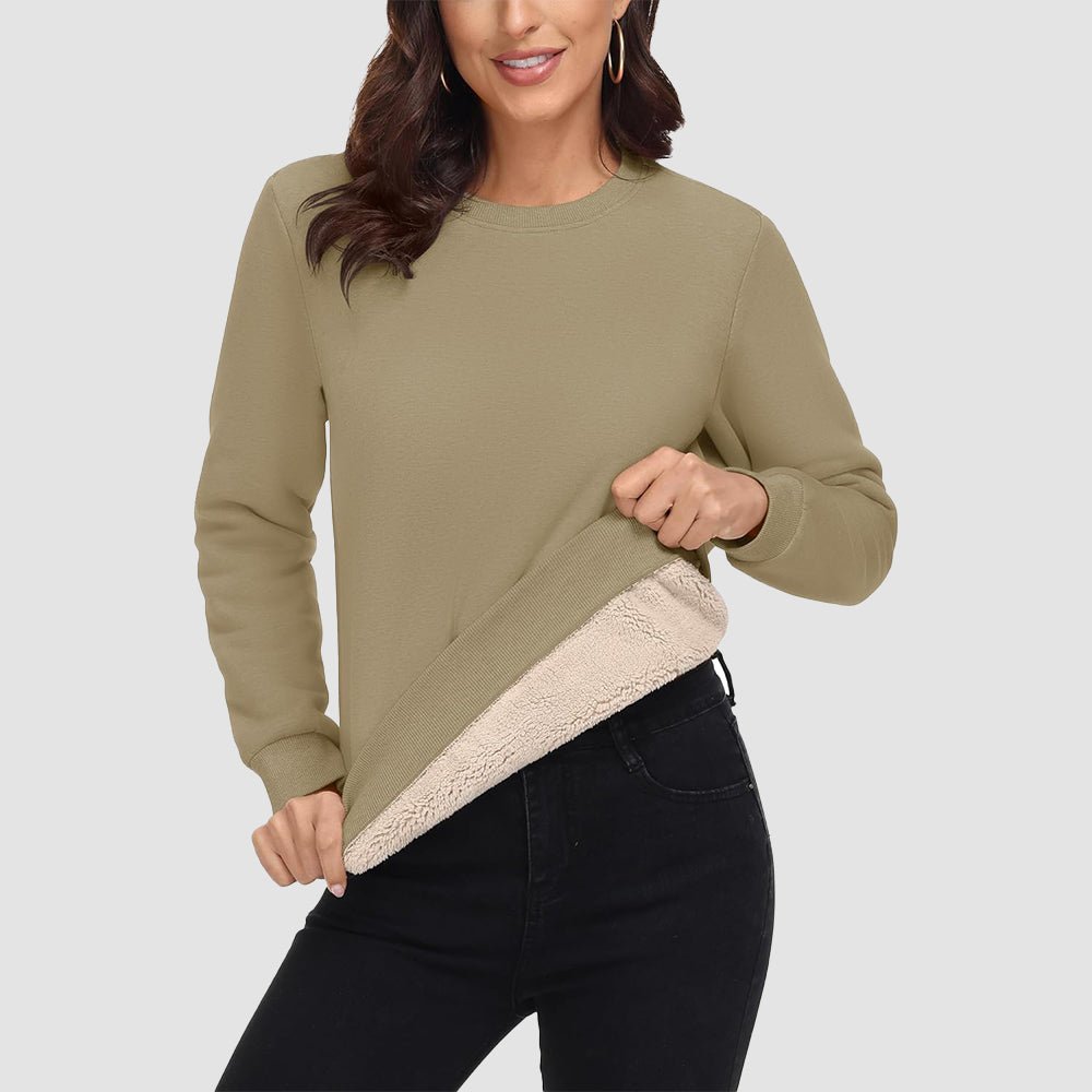 Women's fleece crewneck sweatshirt with sherpa lining, soft cotton blend, warm cozy fit for winter
