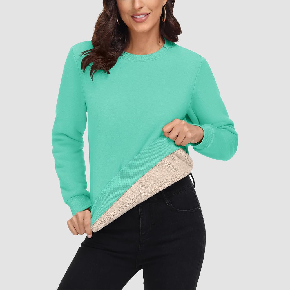 Women's fleece crewneck sweatshirt with sherpa lining, soft cotton blend, cozy fit for winter warmth