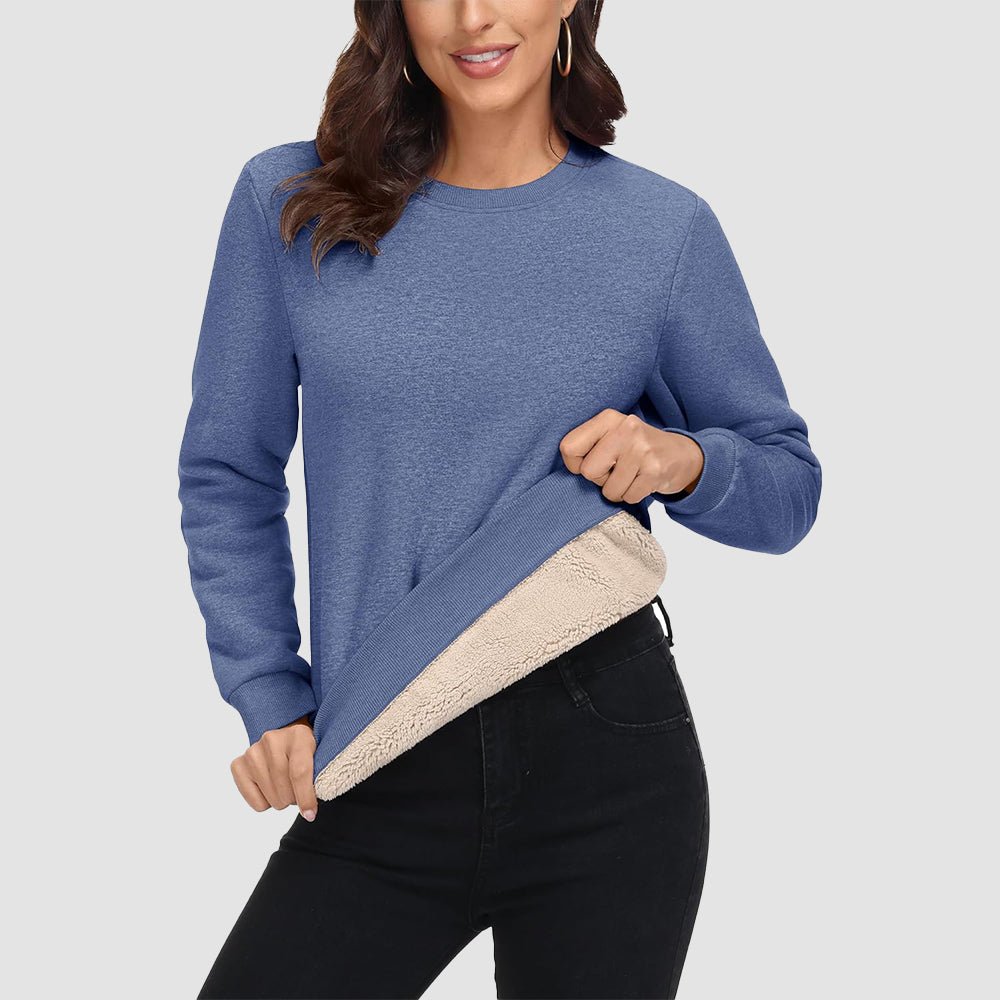 Women's fleece crewneck sweatshirt with sherpa lining, soft cotton blend, cozy fit for all-day warmth