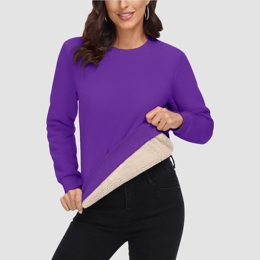 Women's fleece crewneck sweatshirt with sherpa lining, soft cotton blend, cozy fit for all-day warmth