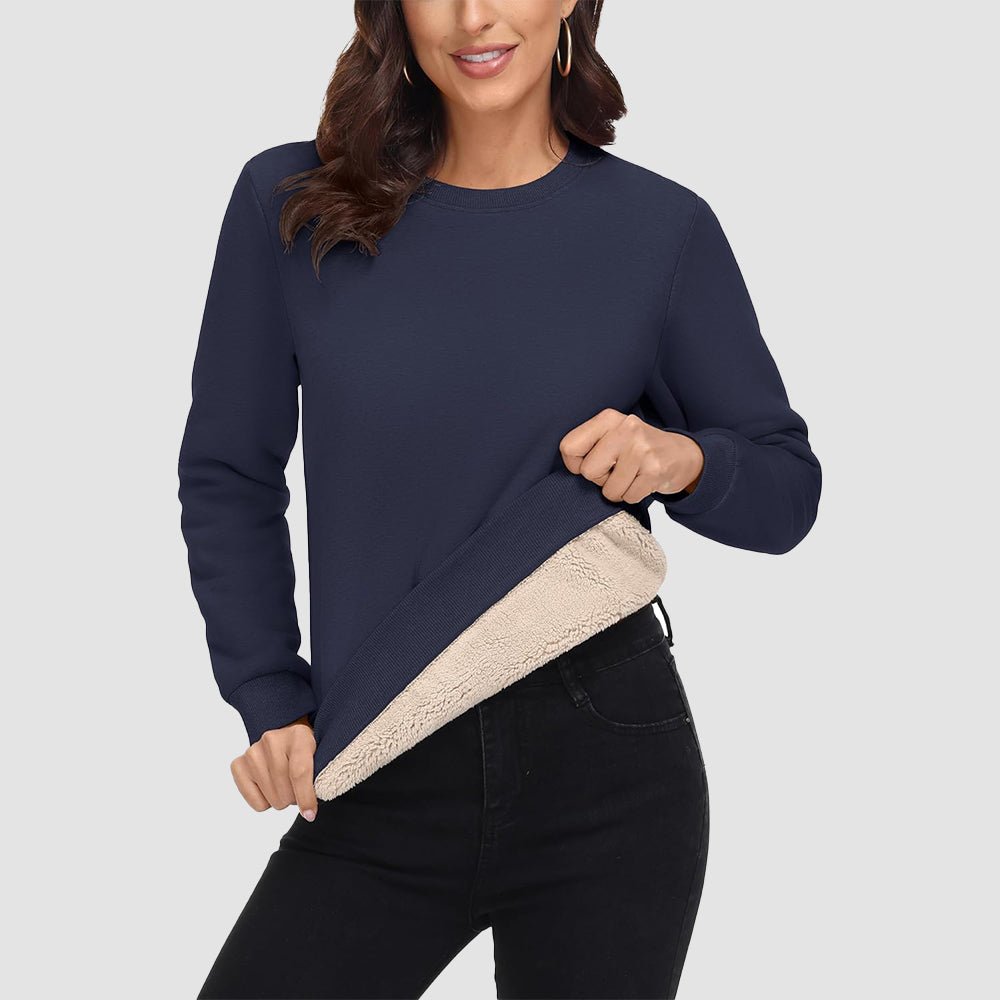 Women's fleece crewneck sweatshirt with sherpa lining, soft cotton blend, cozy winter warmth everyday wear