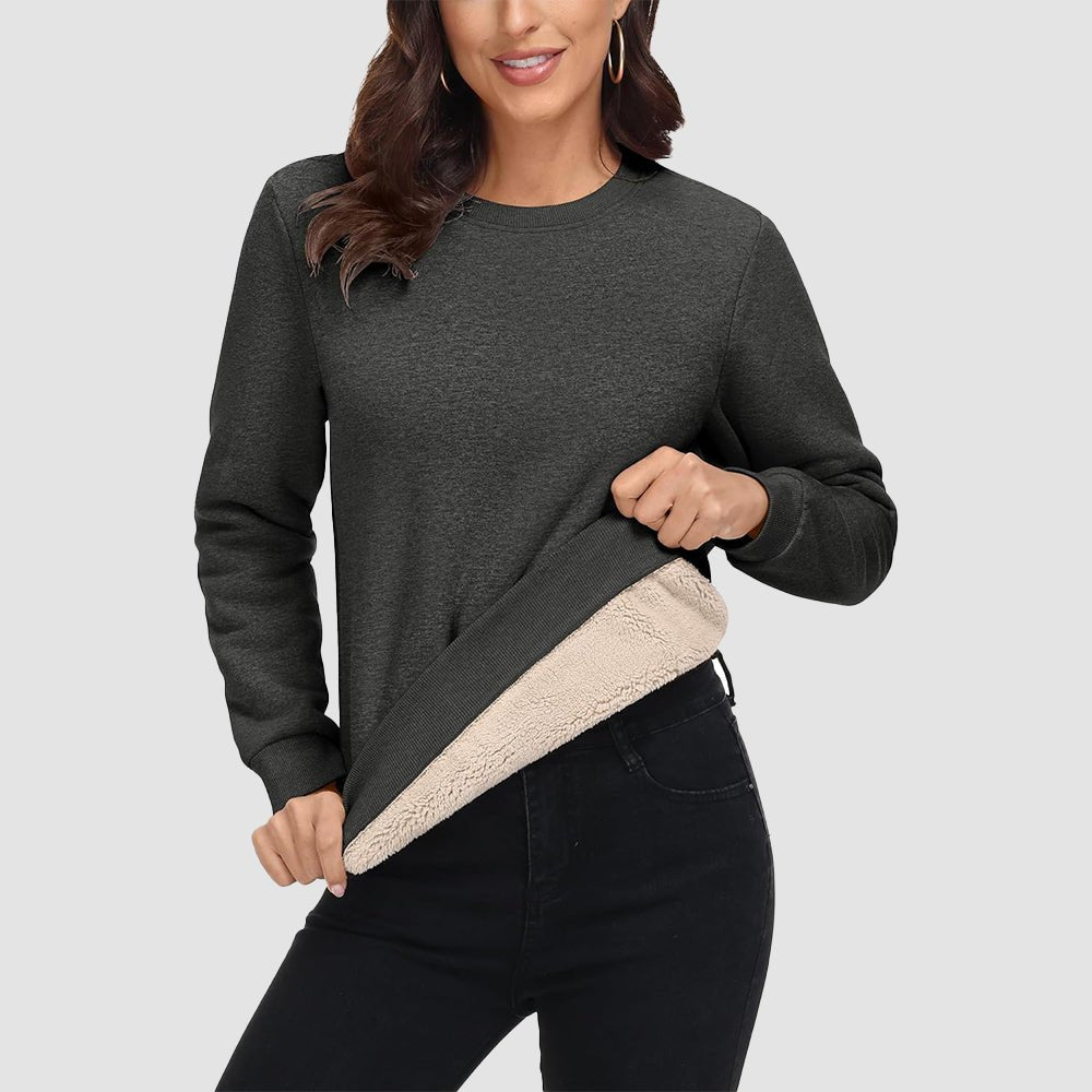 Women's fleece crewneck sweatshirt with sherpa lining, soft cotton blend, cozy fit for winter warmth