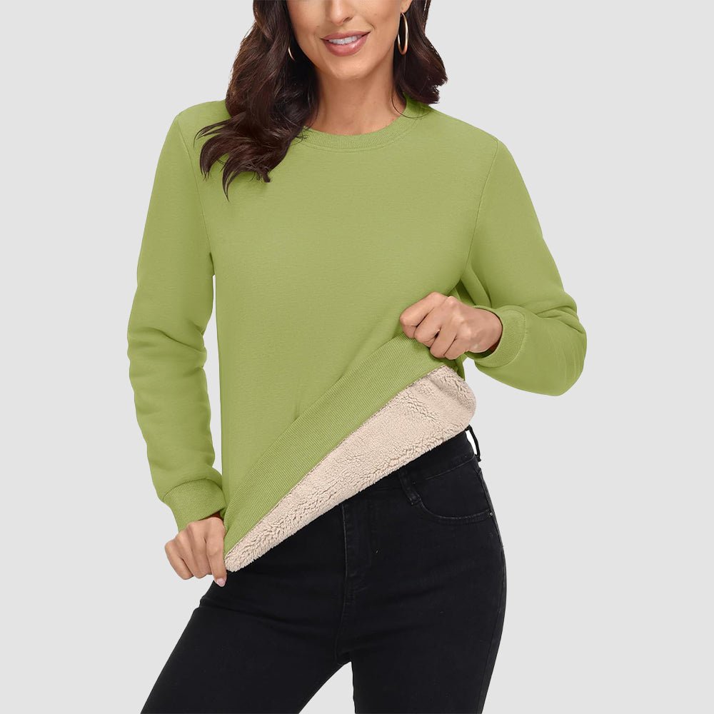 Women's fleece crewneck sweatshirt with sherpa lining, soft cotton blend, ideal for winter warmth