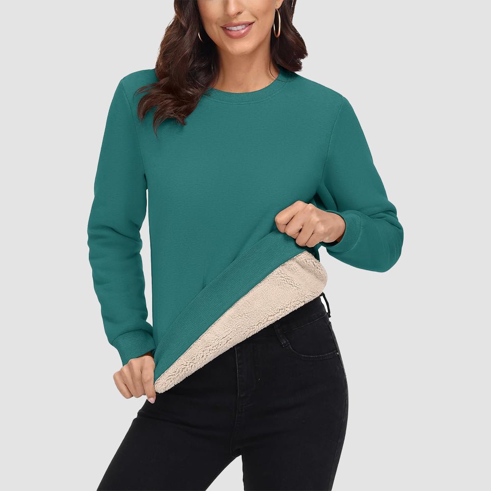 Women's fleece crewneck sweatshirt with sherpa lining, soft cotton blend, cozy fit for winter warmth